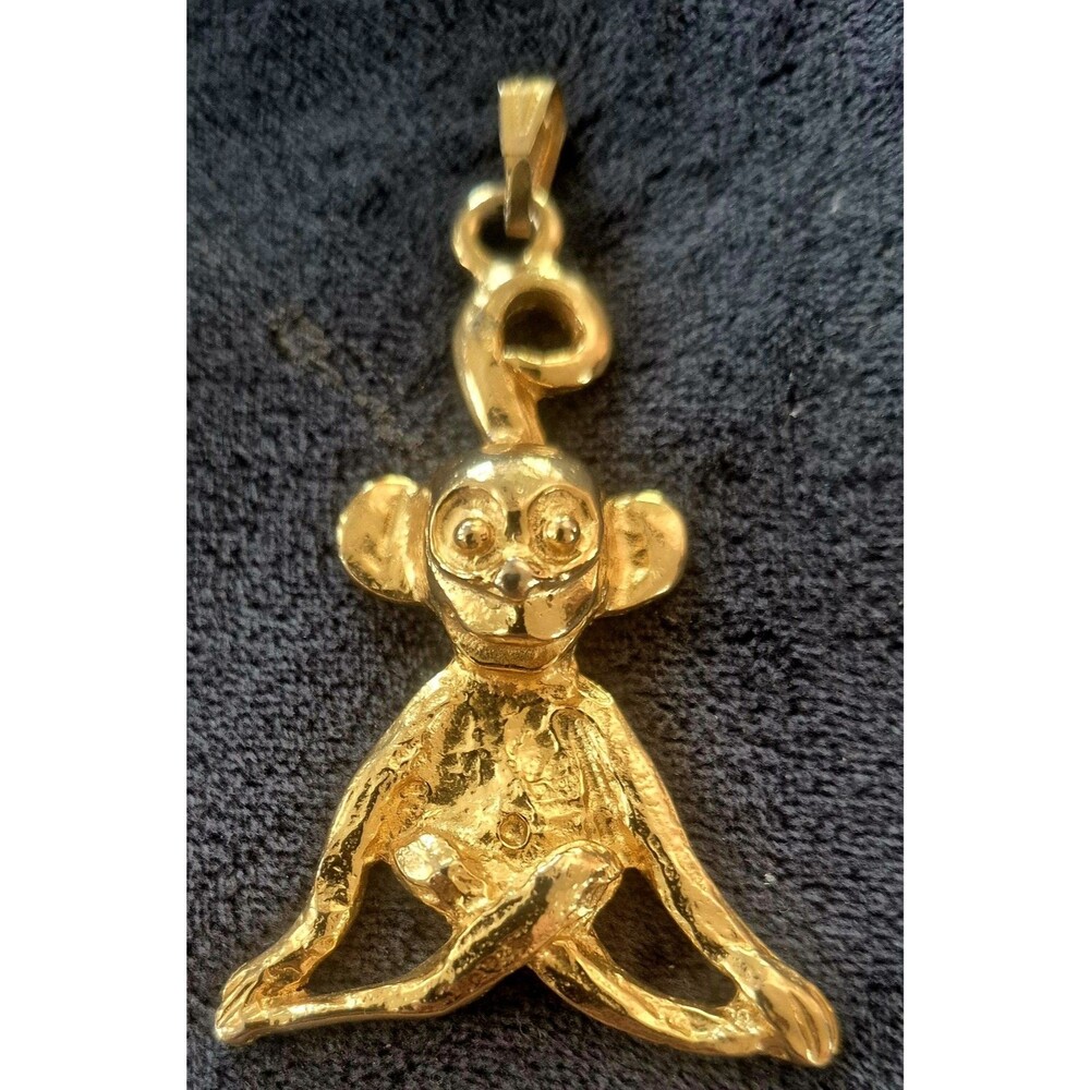 Rare Vtg  Mimi di N 1974 Textured Gold Zen Monkey Pendant  Signed Couture 2.25 "